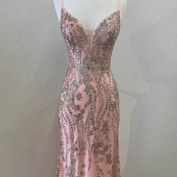 NewSequins Embellished Prom Sheath Dress w/ Floral Lace Embroidery TC L2656